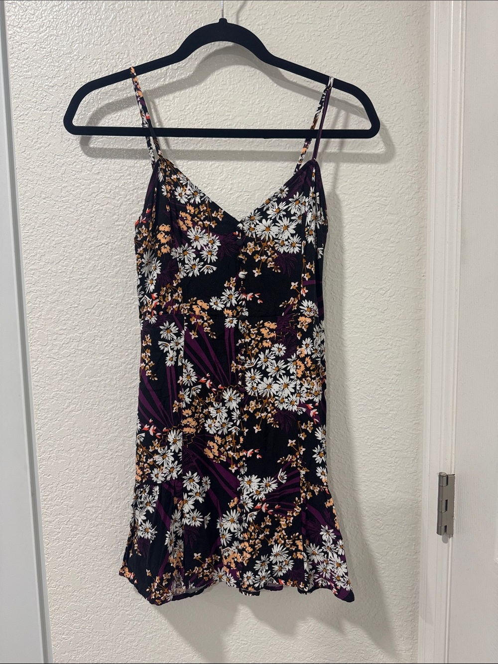 Express Black Floral Slip Dress with White Daisies and Purple Details